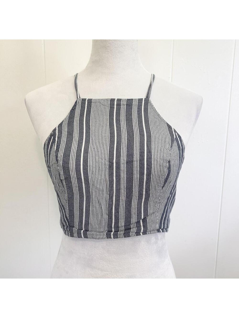 American Eagle Blue White Striped Crossback Crop Top Halter Top Women's Small
